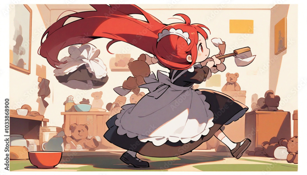 Obraz premium anime girl in a maid outfit cleaning a whole room with a broom