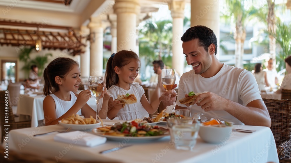 A joyful family enjoying a delicious meal together at a tropical restaurant in the afternoon sun A joyful family enjoying a delicious meal together at a tropical restaurant in the afternoon sun