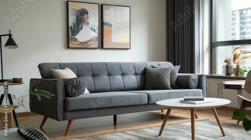 Gray sofa bed with wooden legs and black frame in a Nordic-style living room, featuring a white tabletop coffee table and surrounding furniture.