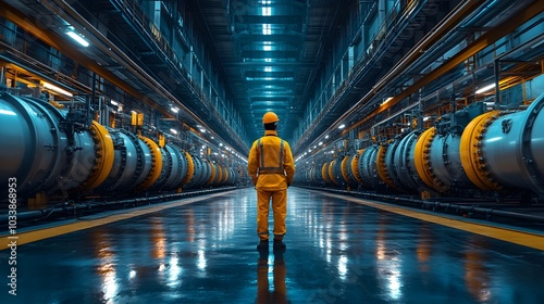 Vast Industrial Warehouse with Rows of Cargo Containers and Pipelines