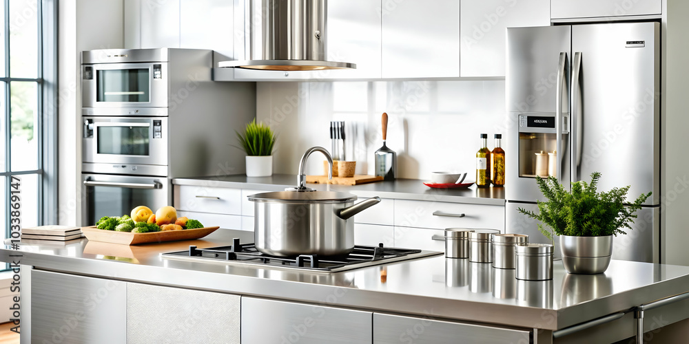 Modern Kitchen Setup with Glossy White Background Featuring Stainless Steel Appliances and Ample Copy Space for Creative Overlays Modern Kitchen Setup with Glossy White Background Featuring Stainless Steel Appliances and Ample Copy Space for Creative Overlays