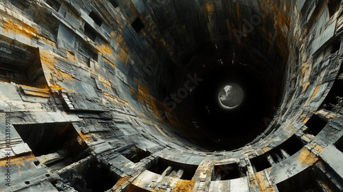 Futuristic tunnel with rugged industrial walls leading to a distant view of a celestial body, symbolizing exploration and mystery photo