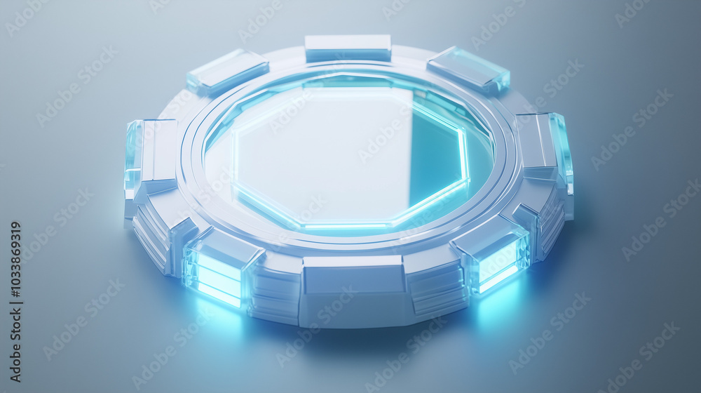 Futuristic glowing metallic ring with hexagonal center, illuminated in blue light on a smooth background