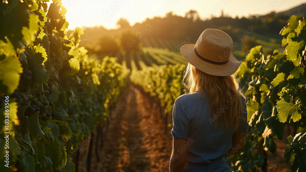 A female farmer inspecting grapevines in a vineyard, with rows of grapes and the soft light of the golden hour casting a warm glow A female farmer inspecting grapevines in a vineyard, with rows of grapes and the soft light of the golden hour casting a warm glow