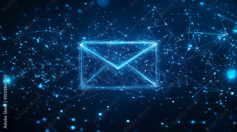 Futuristic glowing digital envelope made of interconnected lines and nodes, representing email communication