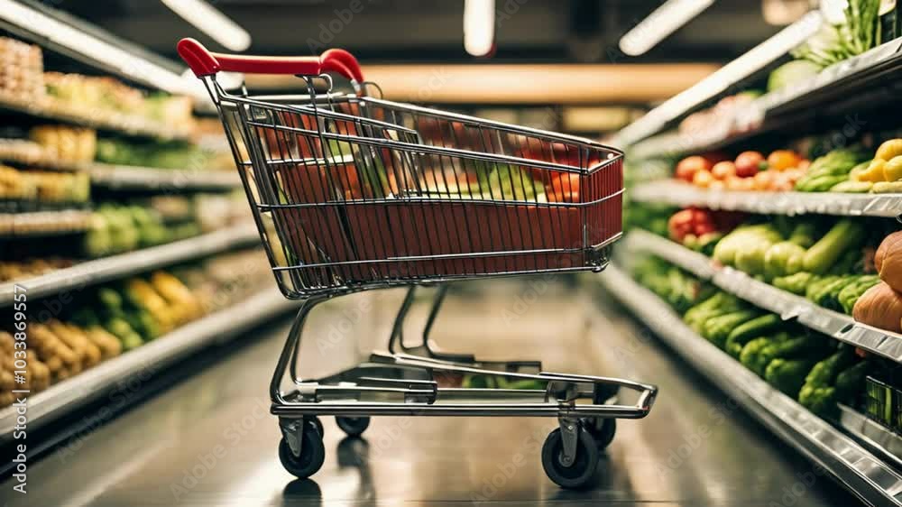 A shopping cart positioned adjacent to the vegetable section in the supermarket A shopping cart positioned adjacent to the vegetable section in the supermarket