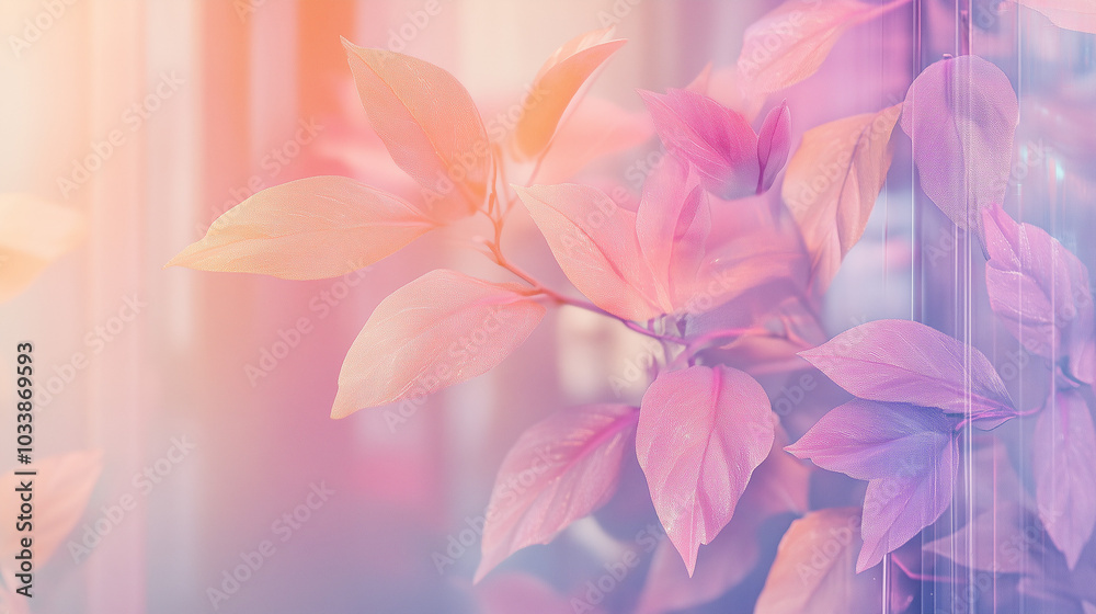 Obraz premium Dreamy close-up of pink and purple translucent leaves against a soft, pastel gradient background