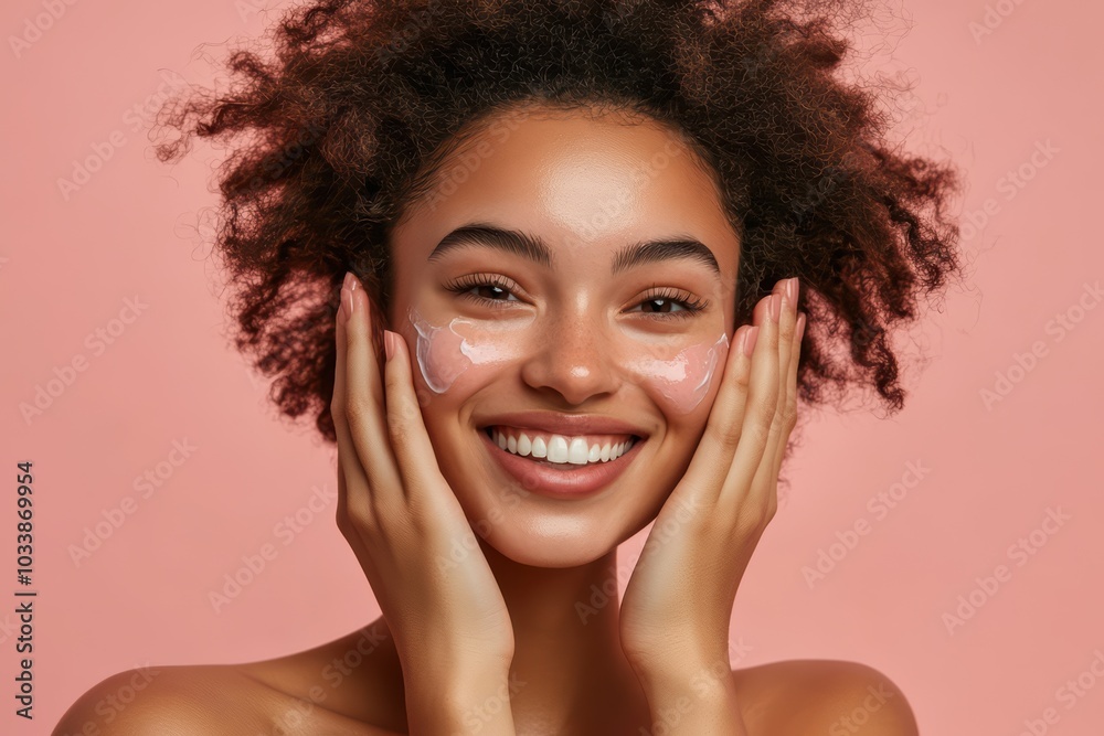 A joyful young woman applying skincare product with a radiant smile against a pastel pink backdrop, showcasing beauty and self-care. A joyful young woman applying skincare product with a radiant smile against a pastel pink backdrop, showcasing beauty and self-care.