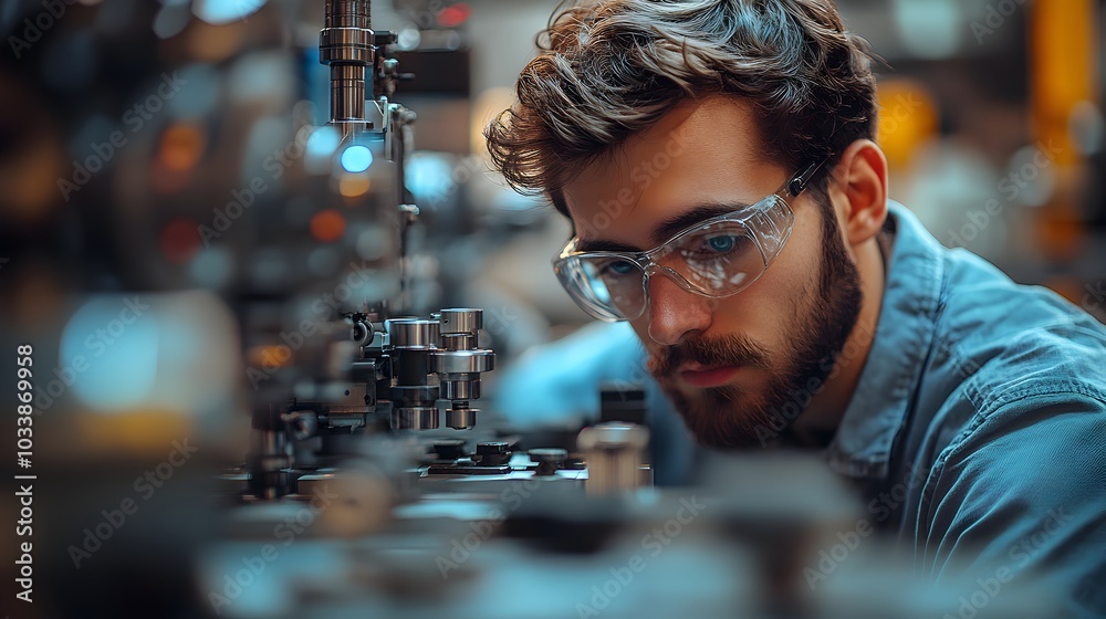 Focused Man Tinkering with Mechanical Parts in Workshop Focused Man Tinkering with Mechanical Parts in Workshop