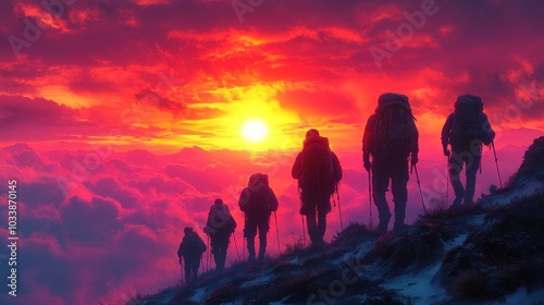 Silhouetted hikers ascend a mountain at sunset over clouds.