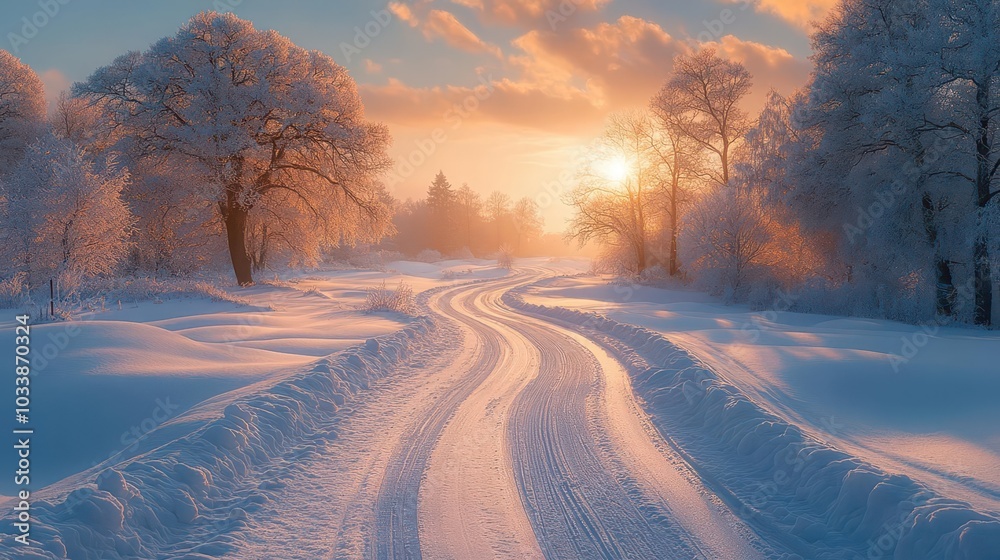 straight snowy road winding through a winter wonderland bordered by frosty trees and soft light evoking a sense of serene chill and adventure straight snowy road winding through a winter wonderland bordered by frosty trees and soft light evoking a sense of serene chill and adventure