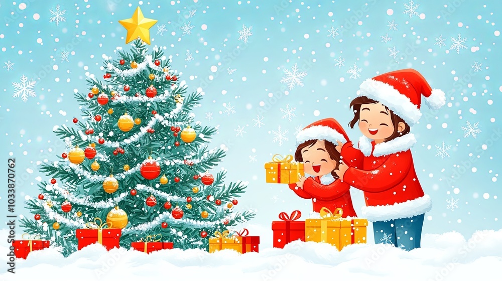 Family Joyfully Celebrating Around Christmas Tree
