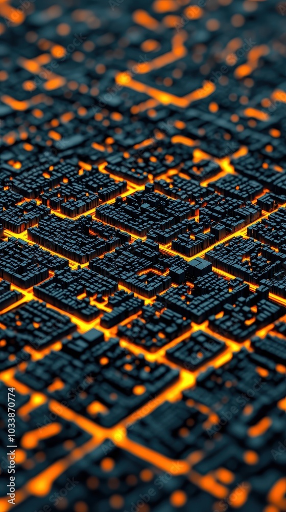 Abstract circuit board pattern with glowing lines on a dark background. Abstract circuit board pattern with glowing lines on a dark background.