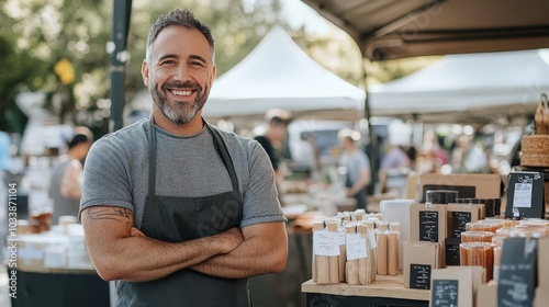 A dynamic shot of a microbusiness owner proudly displaying their products at a local fair or pop-up shop
