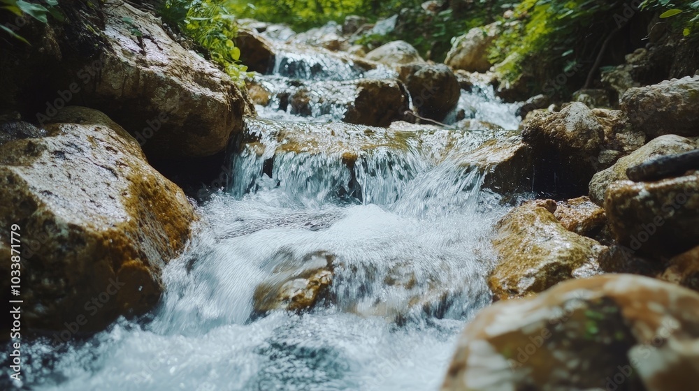 Fototapeta premium A dynamic shot of a mountain stream with crystal-clear water flowing over rocks, emphasizing purity