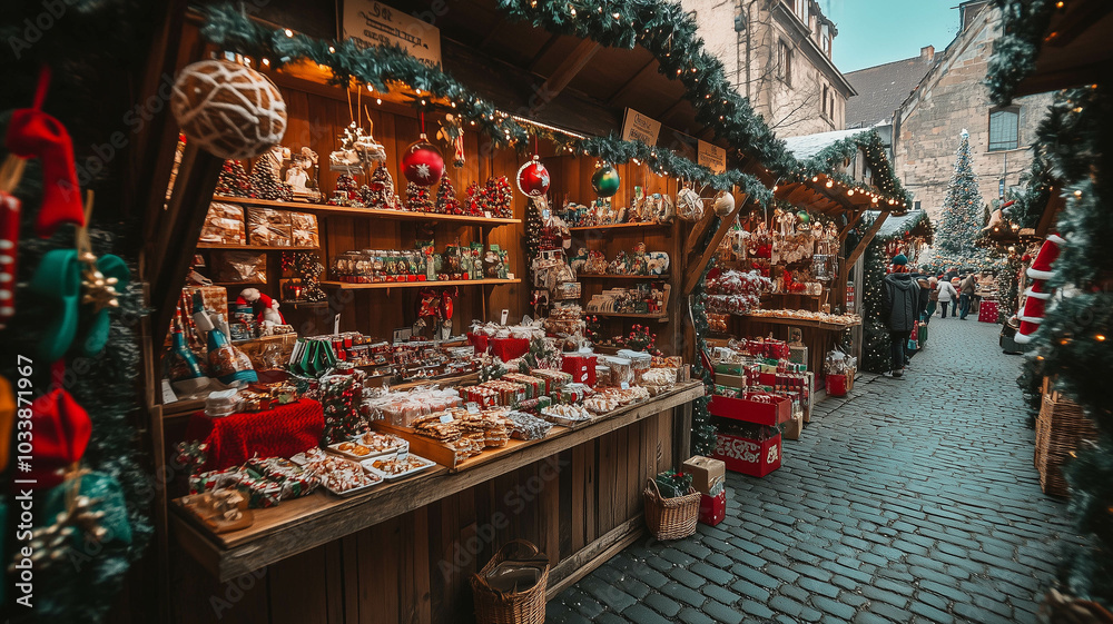 Fototapeta premium A festive holiday market with stalls decorated for Christmas, offering seasonal treats and handmade gifts