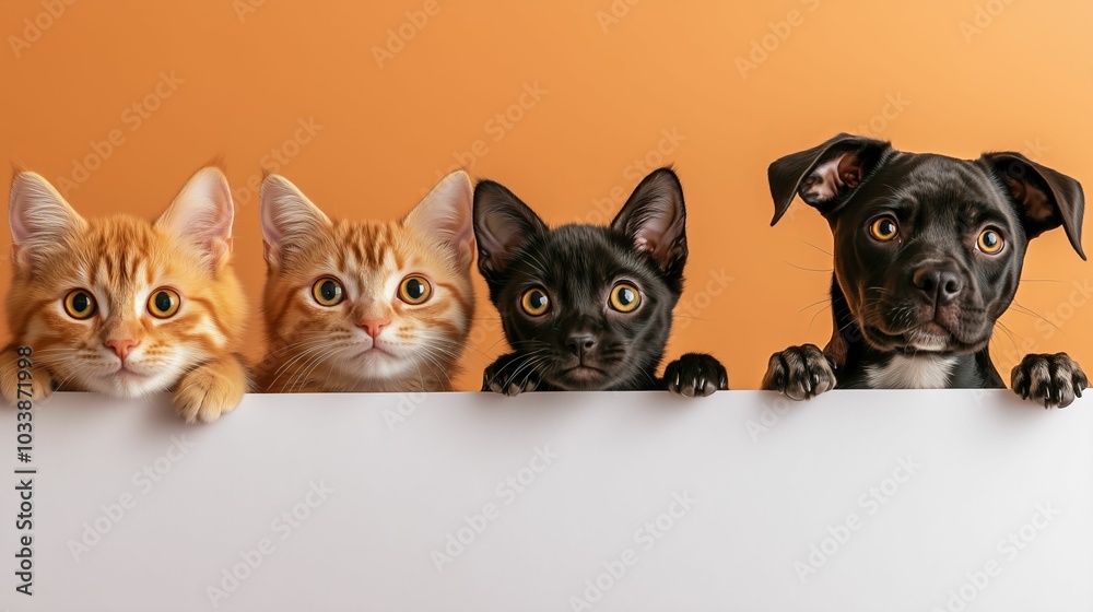 Adorable Cats and Dog Peeking Over Edge with Curious Expressions on Orange Background Adorable Cats and Dog Peeking Over Edge with Curious Expressions on Orange Background