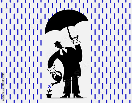 Person in hat and business black suit with umbrella in rain waters sprout. Vector flat illustration. Concept of mental health care. Protecting own idea or business.