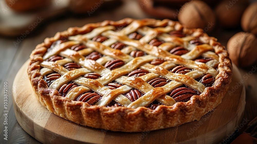 A close-up shot of a pecan pie with a perfectly browned lattice crust, the pie resting on a rustic wooden board. Soft natural light highlights the rich, shiny pecans and the golden crust, A close-up shot of a pecan pie with a perfectly browned lattice crust, the pie resting on a rustic wooden board. Soft natural light highlights the rich, shiny pecans and the golden crust,