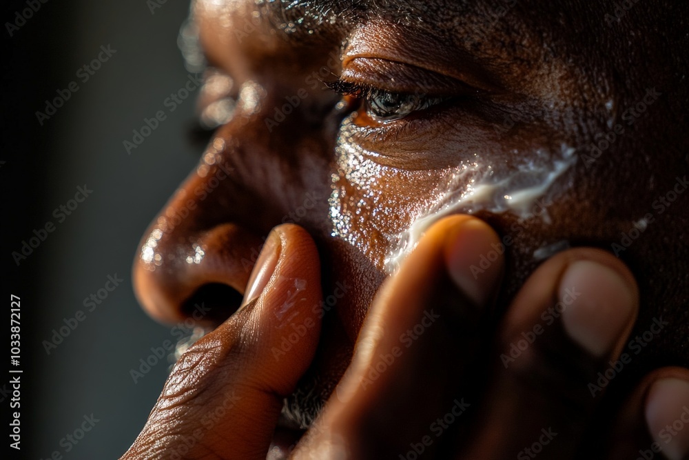 Naklejka premium A close-up image shows a man applying facial cream with his fingers, focusing on his skin care routine. The light highlights the texture and smoothness of the skin.