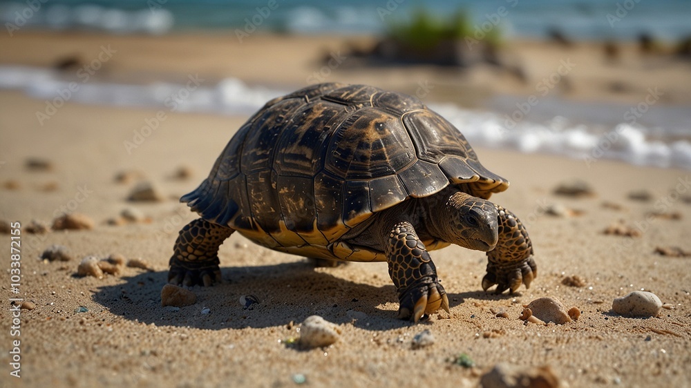 Obraz premium Baby Tortoise Adventures on the Beach