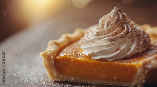 A close-up shot of a pumpkin pie, its rich orange filling topped with whipped cream and lightly dusted with cinnamon. The pie is set against a wooden table with soft light streaming from the side, photo