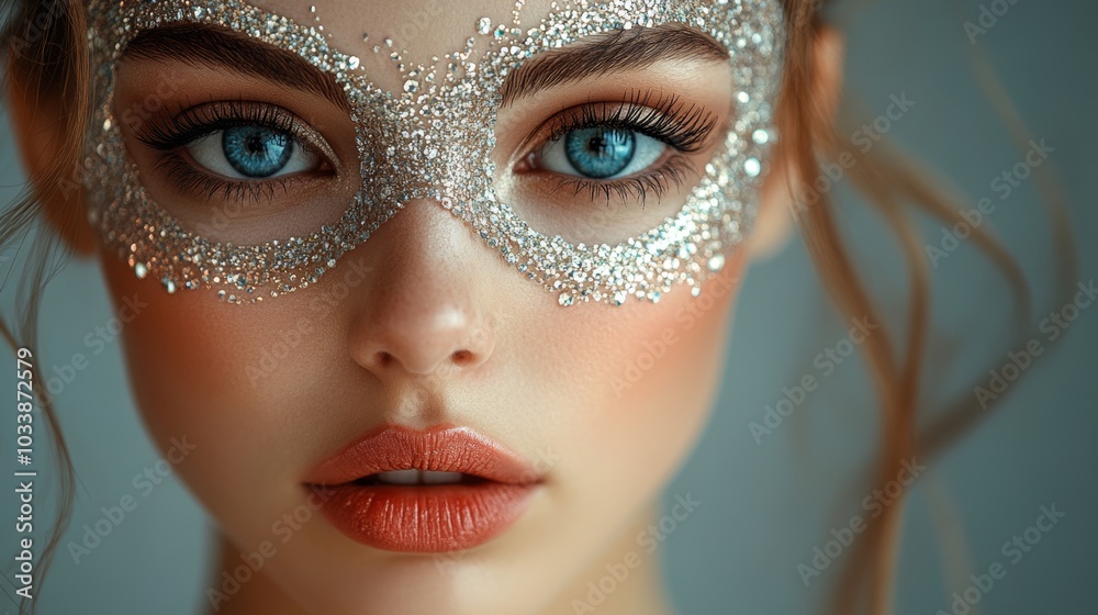 Stunning model with fashion lip make-up wearing a brilliant mask. Masquerade style woman looking perfect for a holiday celebration. Stunning model with fashion lip make-up wearing a brilliant mask. Masquerade style woman looking perfect for a holiday celebration.