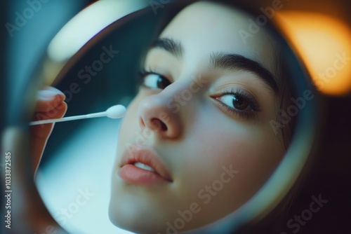 The image features a girl deeply focused on her reflection in a circular mirror, suggesting a routine skincare ritual, surrounded by gentle ambient lighting. photo