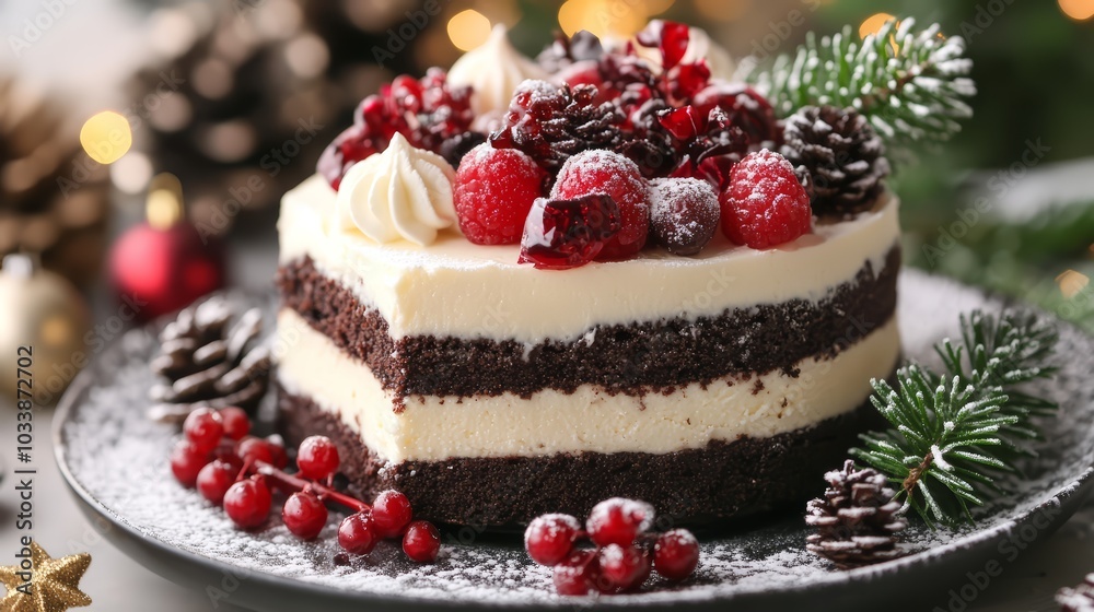 Festive Christmas Cake with Berries and Pine Festive Christmas Cake with Berries and Pine