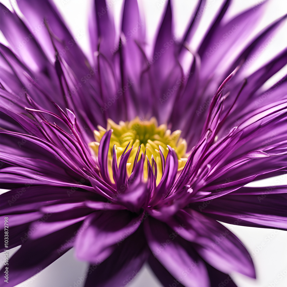 Obraz premium Purple flower with long, sharp thorns along the edges of the petals. The petals are shadowed by studio lights, giving the flower a dimensional look. White background.