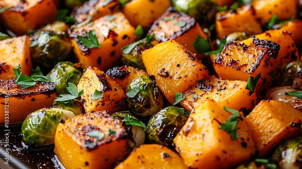 A close-up shot of roasted butternut squash and Brussels sprouts, garnished with fresh herbs and garlic. The vegetables are beautifully charred, A close-up shot of roasted butternut squash and Brussels sprouts, garnished with fresh herbs and garlic. The vegetables are beautifully charred,