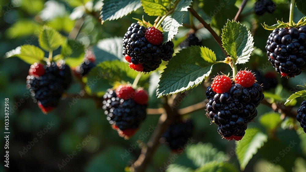 Blackberries Growing on Bush with Text Space Blackberries Growing on Bush with Text Space