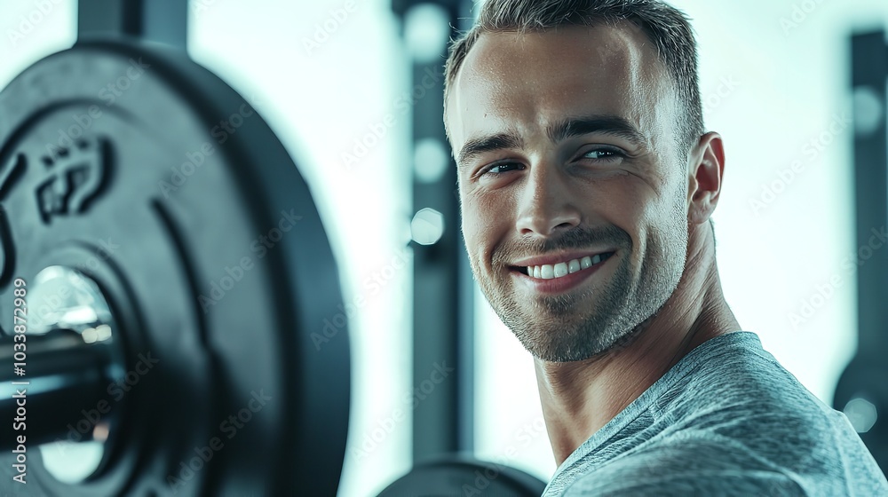 Handsome mature muscular man in modern gym on background Handsome mature muscular man in modern gym on background