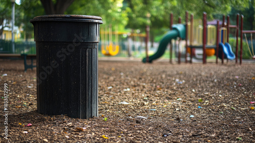 Trash bin near a playground in a public park, with swings and slides visible in the background. --chaos