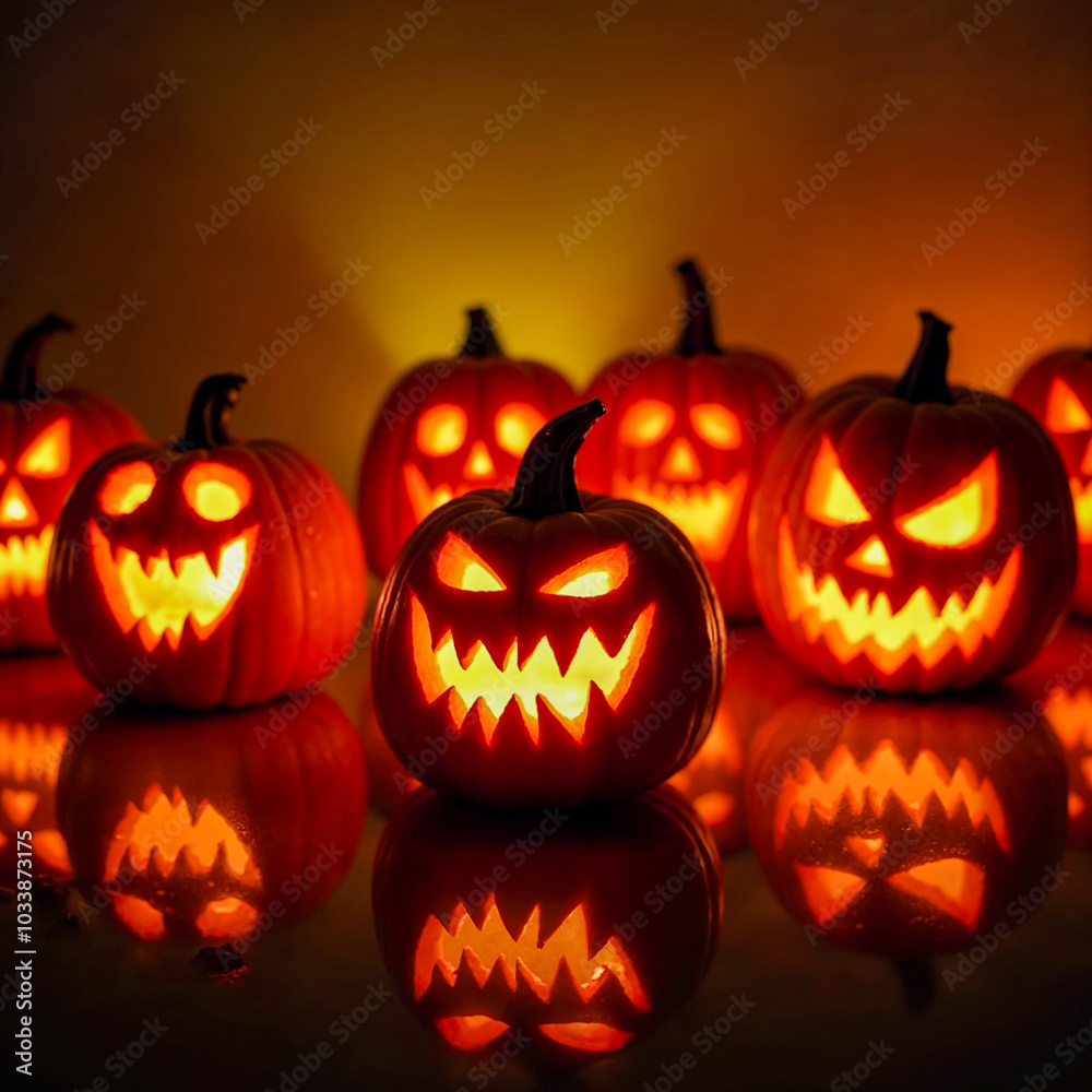 Nine Evil Jack-o'-Lanterns with Spooky Eyes and Faces Nine Evil Jack-o'-Lanterns with Spooky Eyes and Faces
