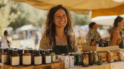 A dynamic shot of a spiritual entrepreneur presenting their wellness products at a holistic fair or market photo