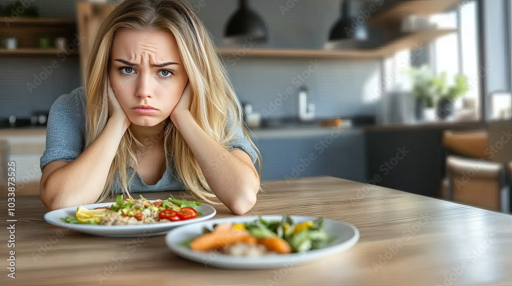 Woman with a bored expression, sitting at a table with a small portion of diet food, looking uninterested. --chaos Woman with a bored expression, sitting at a table with a small portion of diet food, looking uninterested. --chaos