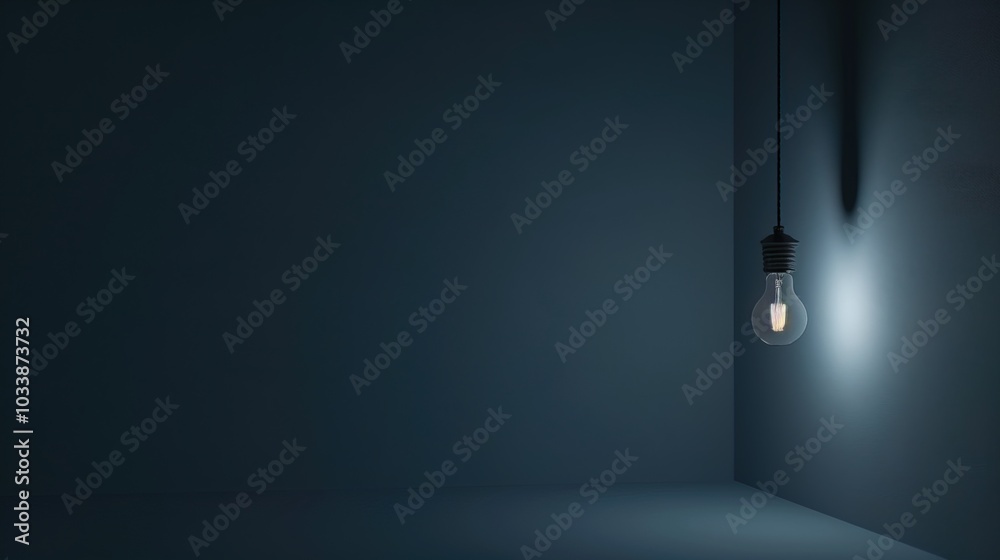 Dark empty room with single flickering light bulb casting long shadows, emphasizing absence of power and eerie atmosphere, minimalist setting with focus on light bulb's glow. Dark empty room with single flickering light bulb casting long shadows, emphasizing absence of power and eerie atmosphere, minimalist setting with focus on light bulb's glow.