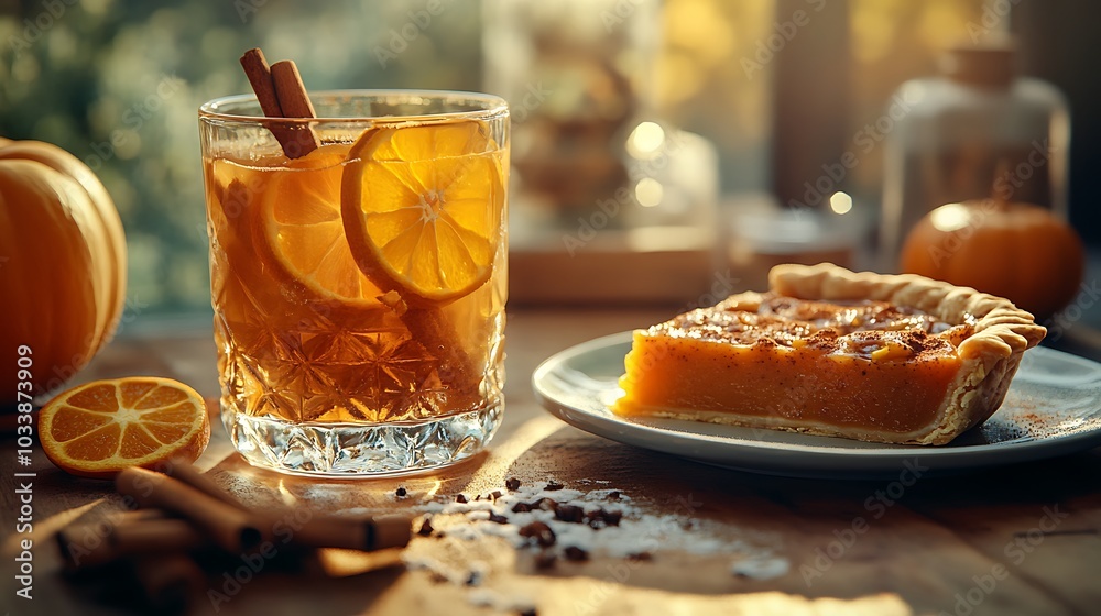 A cozy autumn scene featuring a glass of spiced apple cider with orange slices and cinnamon sticks, sitting beside a plate of warm pumpkin pie. Soft golden light enhances the warmth and rich colors, A cozy autumn scene featuring a glass of spiced apple cider with orange slices and cinnamon sticks, sitting beside a plate of warm pumpkin pie. Soft golden light enhances the warmth and rich colors,