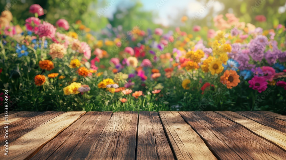A vibrant garden filled with colorful flowers in full bloom, paired with a rustic wooden deck, ideal for springtime imagery.