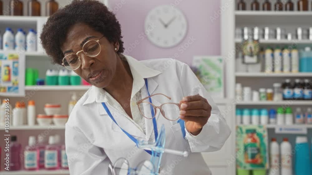 Woman examining eyeglasses in a well-stocked pharmacy with various bottles and products in the background Woman examining eyeglasses in a well-stocked pharmacy with various bottles and products in the background