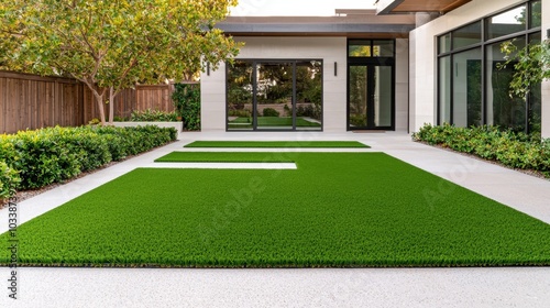 Modern landscaped garden with artificial grass and stylish architecture.