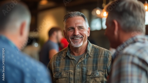 A dynamic shot of a veteran business owner networking with fellow veterans at a business event, sharing experiences and building connections