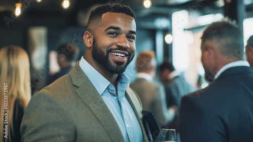 A dynamic shot of a veteran business owner networking with fellow veterans at a business event, sharing experiences and building connections