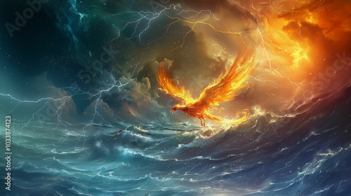 Fire Phoenix flying over the sea