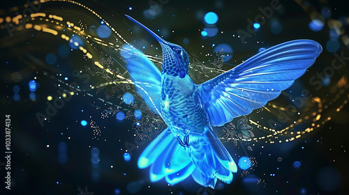 Flying blue hummingbird