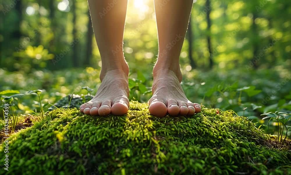 Bare feet standing on moss in a sunlit forest. Bare feet standing on moss in a sunlit forest.