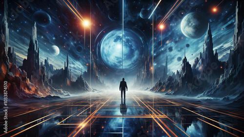 Humans and planets science fiction scene