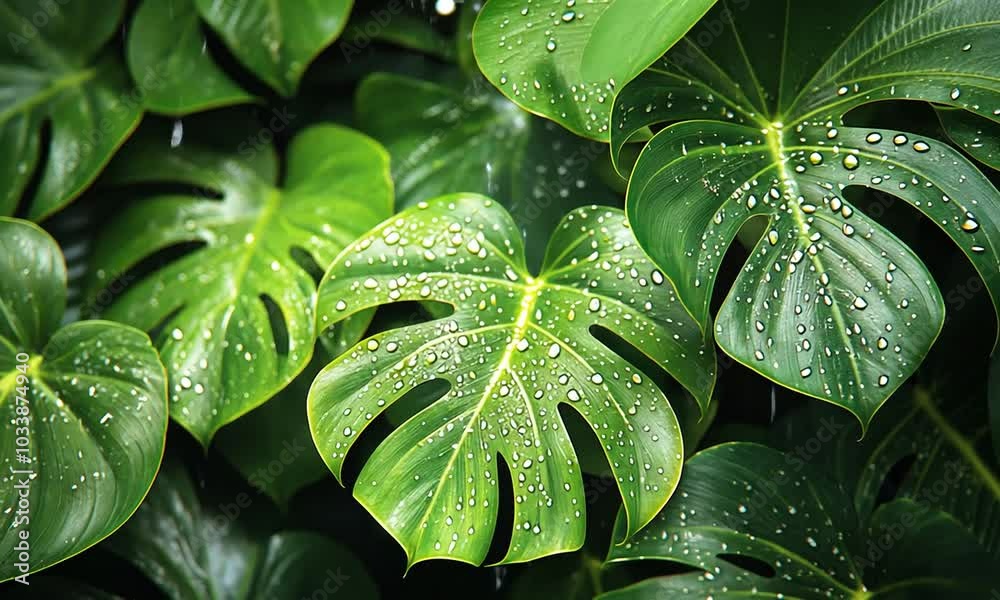 Lush green leaves with water droplets, showcasing nature's beauty. Lush green leaves with water droplets, showcasing nature's beauty.