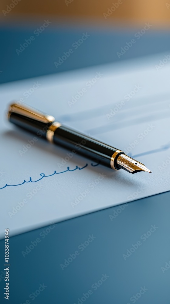 Fototapeta premium Elegant fountain pen resting on blue paper with handwritten notes.